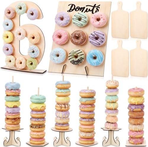 Lallisa 12 Pcs Wooden Donut Stand Set Number 6 Donut Display Stand 1 Doughnut Wall Display 4 Mini Charcuterie Boards Tower for Dessert Table Birthday Wedding Baby Shower Party Deocr
