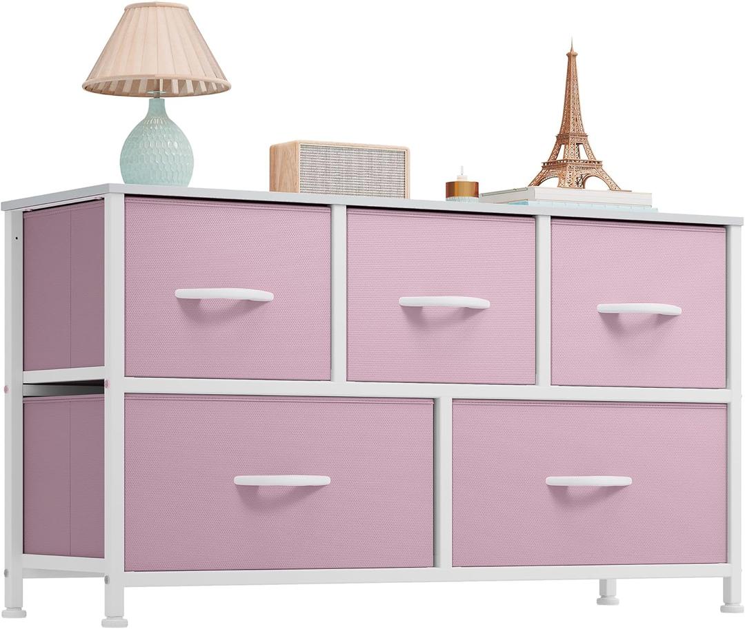 YITAHOME Wide Storage Tower with 5 Drawers - Fabric Dresser, Organizer Unit for Bedroom, Living Room, Closets (A-pink)