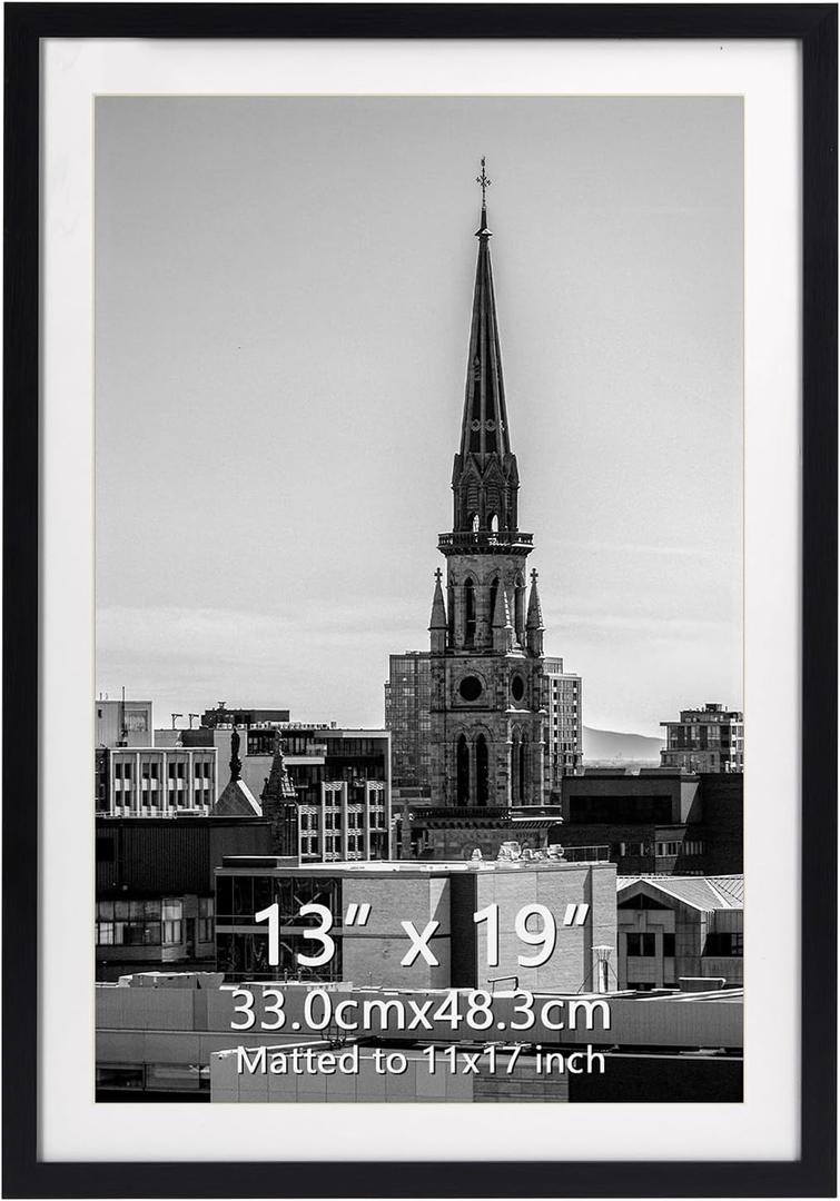 Hoikwo 13x19 Black Picture Frame, Display Pictures 11x17 with Mat or 13x19 Without Mat, 1 Pack 13 by 19 Frame for Wall Hanging (13x19 matted to 11x17, Black)