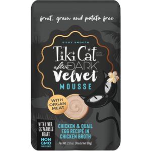Tiki Cat After Dark, Velvet Mousse, Chicken & Quail Egg Recipe in Chicken Broth, Grain & Potato Free Formula, with High Protein & Nutrient Dense Blended Organ Meat, 2.8 oz. Pouch (Pack of 12)