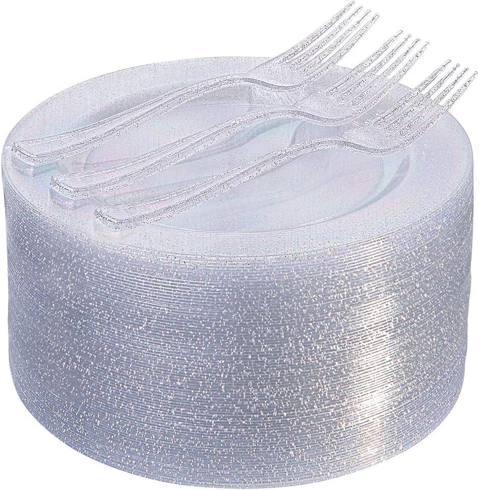 I00000 144Pcs Silver Glitter Dessert Plates Set, Includes 72Pcs Plastic Dessert Plates 7.5", 72Pcs Silver Forks 7.4", Plastic Salad Plates for Birthday, Wedding & Party