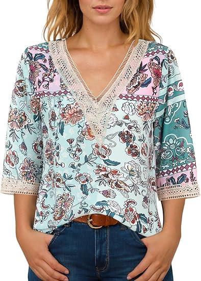 IRISGOD Womens 3/4 Length Sleeve V Neck Tops Dressy Casual Chiffon Blouse Summer Floral Bohemian 2025 Trendy Shirts, 2XL