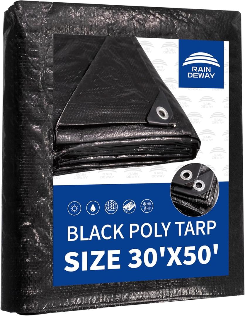 RAINDEWAY Large Tarp 30x50, 8 Mil Thick, Black Tarps Heavy Duty Waterproof, UV Resistant, Cover with Metal Grommets and Reinforced Edges, Finished Size