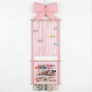 Pink Hair Bows Holder Headband Organizer for Girls Long Baby Hair Clips Accessories Display Storage Hanging Wall Decor with Hooks Gift for Christmas Nursery Toddler Girls Room