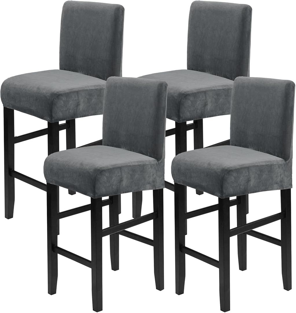 Crystal Velvet Bar Stool Covers with Backs, Soft Stretch Bar Chair Covers Set of 4 with Elastic Band Washable Counter Height Chair Slipcover for Pub Cafe Kitchen Room (Dark Grey, 4 PCS)