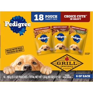 Pedigree Choice Cuts in Gravy Wet Dog Food, Adult Soft Wet Dog Food, Variety Pack, 3.5 oz. Pouches, 18 Count (EXP 04/30/28)