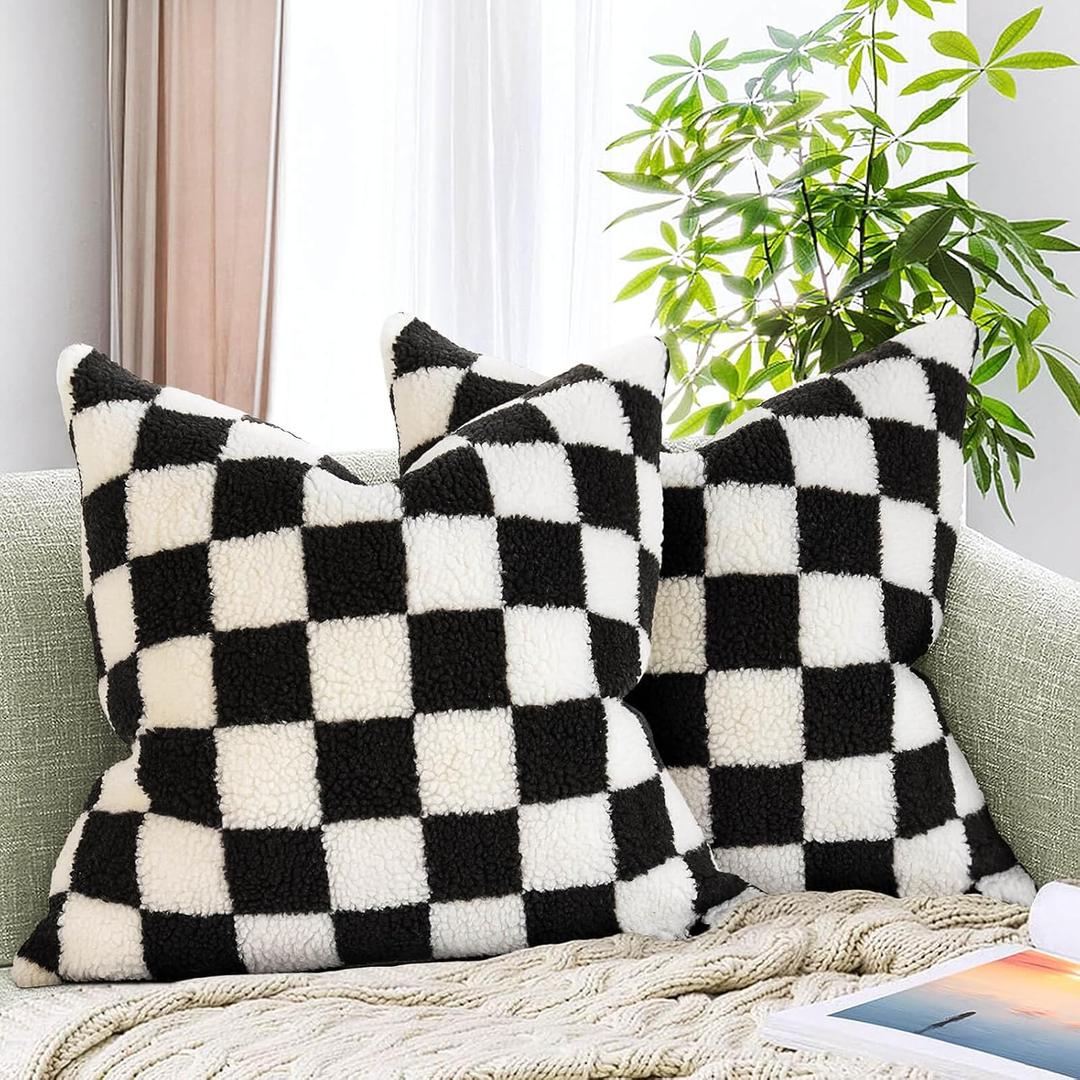 AmHoo Pack of 2 Decorative Throw Pillow Covers Checkerboard Luxury Super Soft Faux Fur Wool Set Case Cushion for Couch Sofa Bedroom 18 x 18-Inch Black (18" x 18" (Pack of 2))