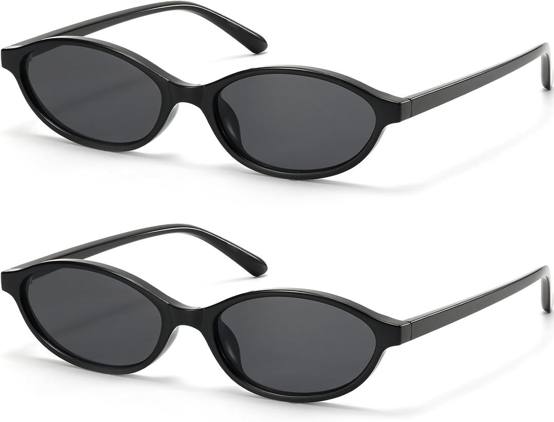 Retro Oval Cat Eye Sunglasses for Women Small Y2K Thin Frame 100% UV Protection Lightweight Vintage 90s Slim Black Sun Glasses 2 Pack