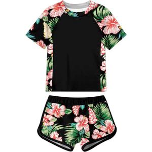 Swimsuit for Girls Size 7-8 Floral Rash Guard Set Two Piece Bathing Suit with Shorts UV Protection Surfing Black Swimwear