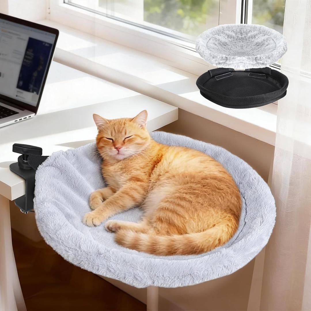 Topmart Cat Desk Bed with 360 Rotating, Cat Hammock for Desk with 2 Washable Pads, Easy to Install, Kittens Bed for Desk Attachment for Home Office,Up to 45LBS, Grey & Black