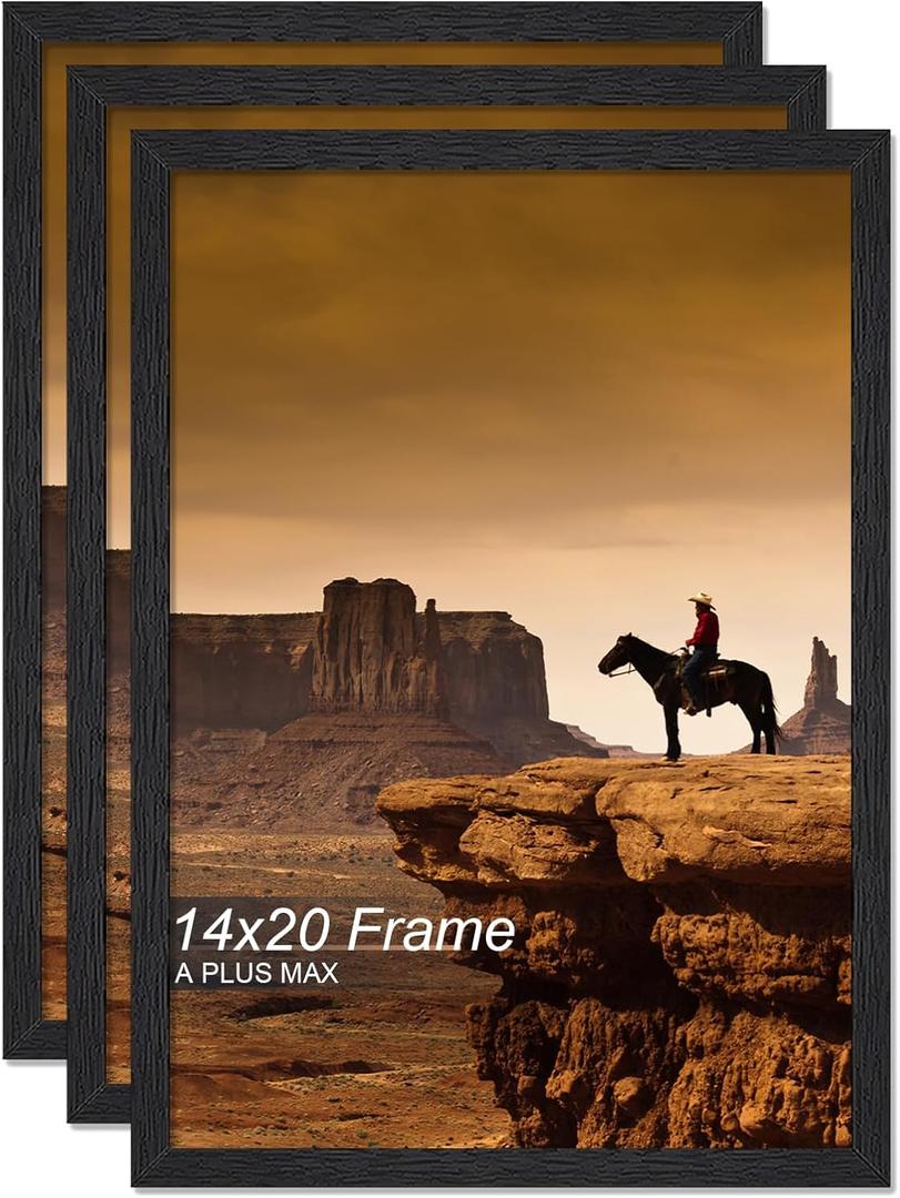A PLUS MAX 14x20 Picture Frame Set of 3 Black Light Weight Wall Mount | 14 x 20 Inch Black Wood-grain Engineered Wood Material Frame for 14by20 Rectangular Photo Poster - 3 Packs/Black/14x20