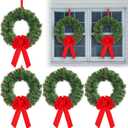 Janinka 6 Pcs Christmas Wreath for Windows 11.8 Inch Christmas Window Decorations Cabinet Wreaths with Red Bow Greenery Artificial Hanging Garlands for Fireplaces Window Home (Pine)
