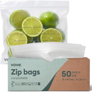 Vove Compostable Snack Bags 50 Ct  PFAS-Free, BPI Certified, Freezer Safe with Airtight Seal for Snacks & School Lunches, Plant-Based