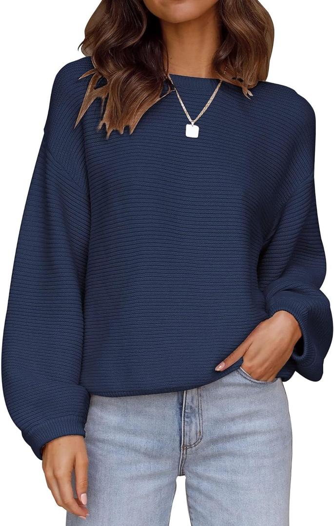 ZESICA Women's Crew Neck Long Lantern Sleeve Casual Loose Ribbed Knit Solid Soft Pullover Sweater Tops (Navy), M