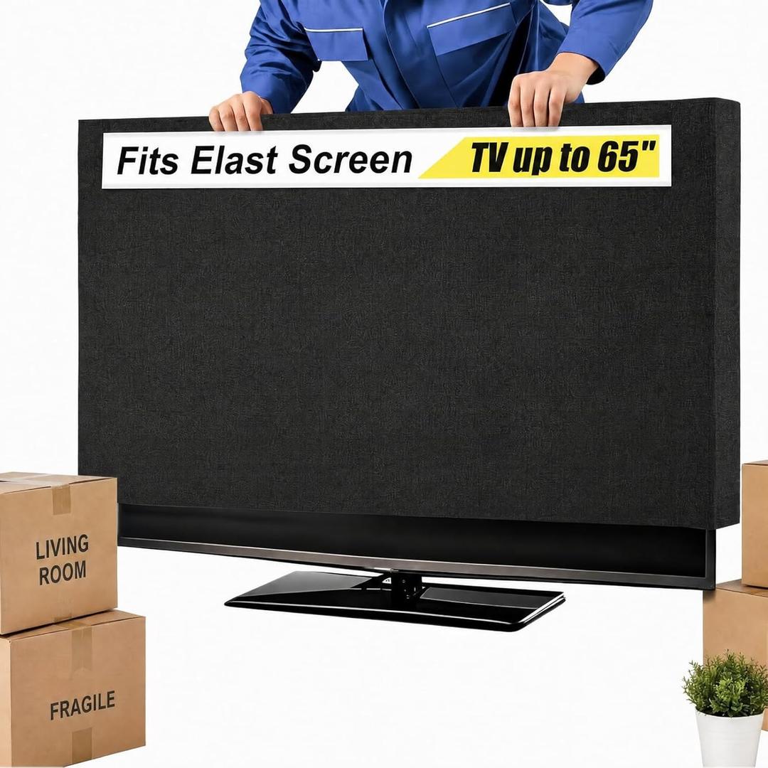 Fanfanwin 65''w x 36''h Textile Anti-scratch TV Cover for Moving Fits TV Screens up to 60"-65" Heavy Duty Tear Resistance Flat Screen Protection During House Moving, Storing, or Home Renovation (Black)