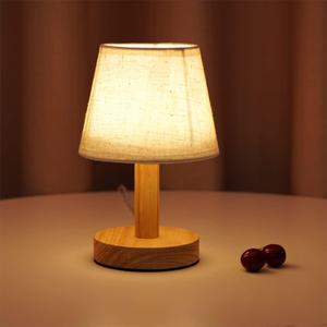 Small Bedside Table Lamp, Wooden Bedroom Lamp with Linen Shade, Mini Desk Night Light for Bedroom, Living Room, Kids Room