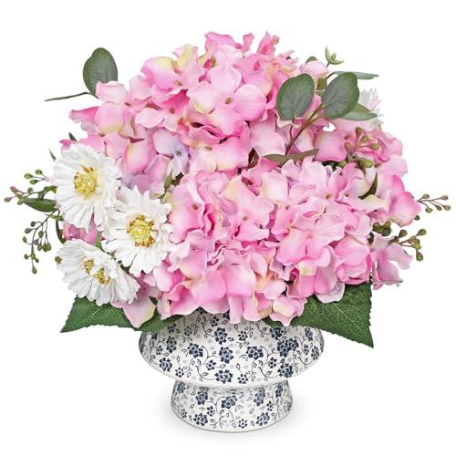 Briful Centerpiece for Dining Table with Faux Hydrangea, Artificial Pink Hydrangea Arrangement in Blue & White Vase, Dining Table Decor Farmhouse Coffee Table Decor, Fake Flowers in Vase Home Decor