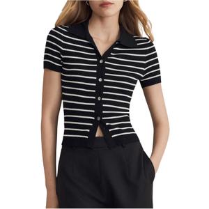 Verdusa Women's Old Money Striped Knit Tops Button Down Short Sleeve Sweaters Collared Tee Tops (Medium, Black and White)