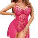 Avidlove Lingerie for Women Lace Bodysuit V Neck Teddy Sexy Lingerie Chemise One Piece Babydoll Nightgown, Pink, Size 2 XL