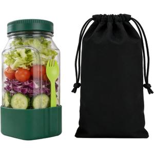 2026 Upgraded Salad Dressing Container & Salad Jar with Side Opening, Leakproof Base, Integrated Fork & On-The-Go Storage Bag, Reusable Salad Container for Lunch