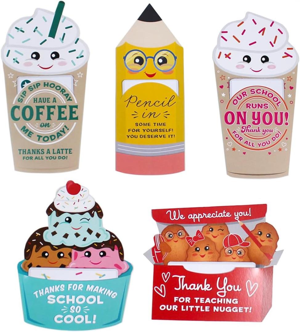 Teacher Appreciation Gift Card Holders, 10 cards - 2 of each design, End of the Year Teacher Gifts, Back to School, Employee or Staff Gifts, 5" x 7", pre-cut to perfectly fit any gift card