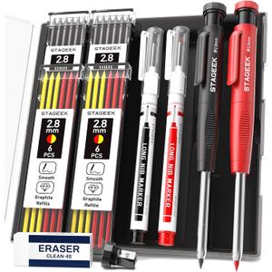 Carpenter Pencils with Sharpener, 2.8mm Mechanical Pencil Set with 26 Refills, Waterproof Deep Hole Long Nib Marker for Architect Marking, Heavy Duty Woodworking Tools for Construction Electricians