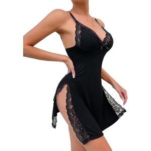 Sexy Split Side Floral Lace Trim Full Slip Night Gown Babydoll Lingerie Dress with Thong 2 piece (Large, Black)