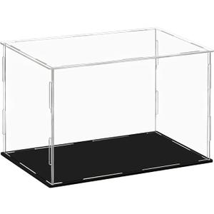 Clear Acrylic Display Case,Self-assembly Display box with black acrylic base,Countertop Box Cube Organizer Stand Riser Dustproof Protection Showcase for action Figure toy Collectibles(14*12inch)