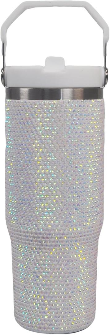 30 oz White Bling Rhinestone Stainless Steel Sippy Tumbler Glitter Vacuum Insulated Thermal Water Bottle with Flip Straw & Lid &Handle, Leakproof Sparkly Car Cup Holder for Drinks & Coffee