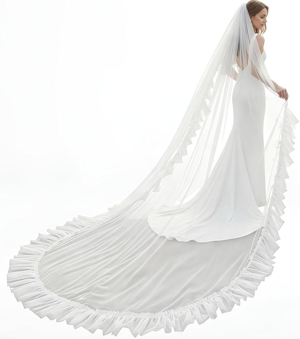 118" Cathedral Wedding Veil, 1 Tier Sheer Tulle Bridal Veils with Comb, Ruffled Edge Lightweight Long Veil for Bride