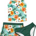 Enlifety 8-18T Girls 3 Piece Tankini Swimsuit Racerback Bathing Suit with Shorts & Briefs (12-13 Years, Green)