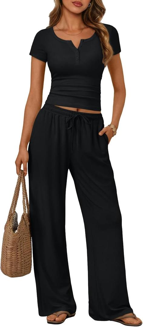 Trendy Queen Women's 2 Piece Matching Lounge Sets Summer Henley Neck Slightly Crop Top Wide Leg Pants Casual Sweat Suit, XL