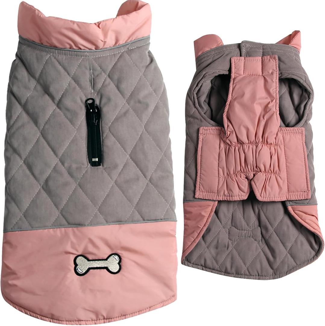 Reversible Dog Coats for Small Dogs Waterproof Warm Puppy Jacket for Cold Winter, Pink and Grey, XS