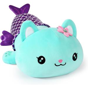 Onsoyours Cute Kitten Mermaid Plush Toy Stuffed Animal Kitty Soft Mermaid Cat Plush Pillow for Kids (Blue Cat Mermaid, 12")