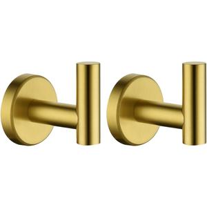 JQK Bathroom Towel Hook Brushed Gold, Brass Coat Robe Clothes Hook for Bathroom Kitchen Garage Wall Mounted (Pack of 2), SUS 304 Stainless Steel 0.8mm, TH100-BG-P2