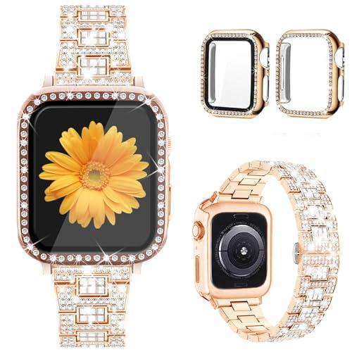 Mesime Compatible for Apple Watch Band with Screen Protector Case, Jewelry Replacement Bands 46mm 45mm 44mm 42mm 41mm 40 mm 38mm 2 Pack Protective Cover for iWatch Series 11/10/9/8/7/6/5/4/3/2/1/SE Women