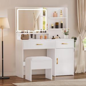 YITAHOME Vanity Desk with LED Lighted Mirror, Makeup Vanity Set with Power Strip, Drawers, Cabinet, Shelves, and Stool, Stylish White Vanity for Dressing Room (Large)