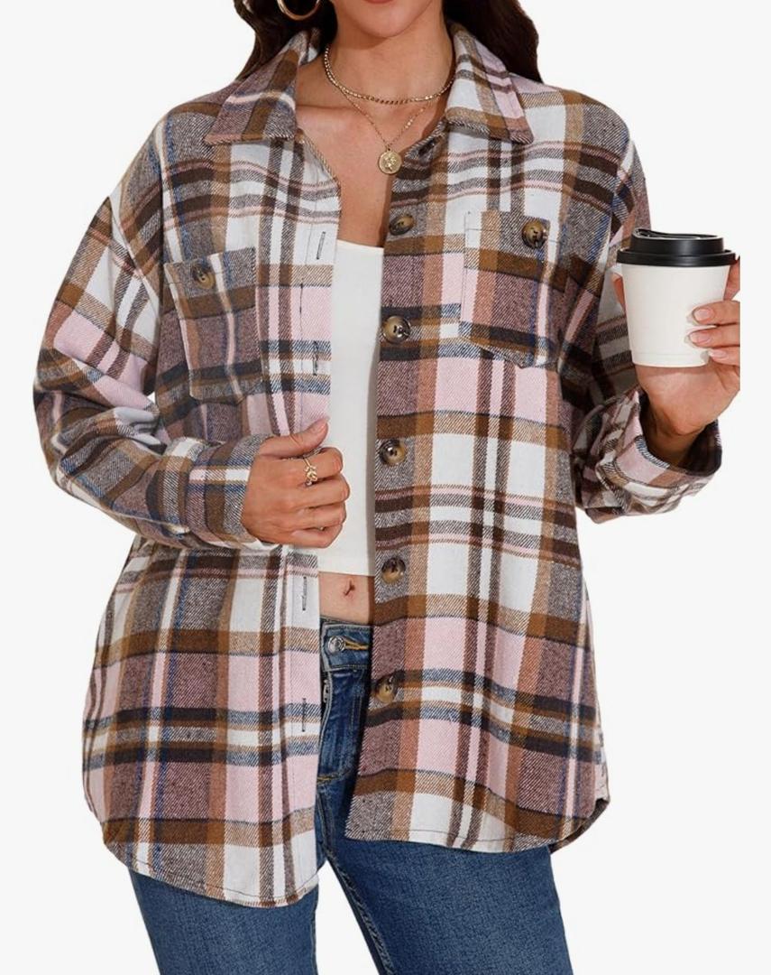 Womens Flannel Shirts Button Down Plaid Shacket Long Sleeve Collared Business Casual Work Tops, M