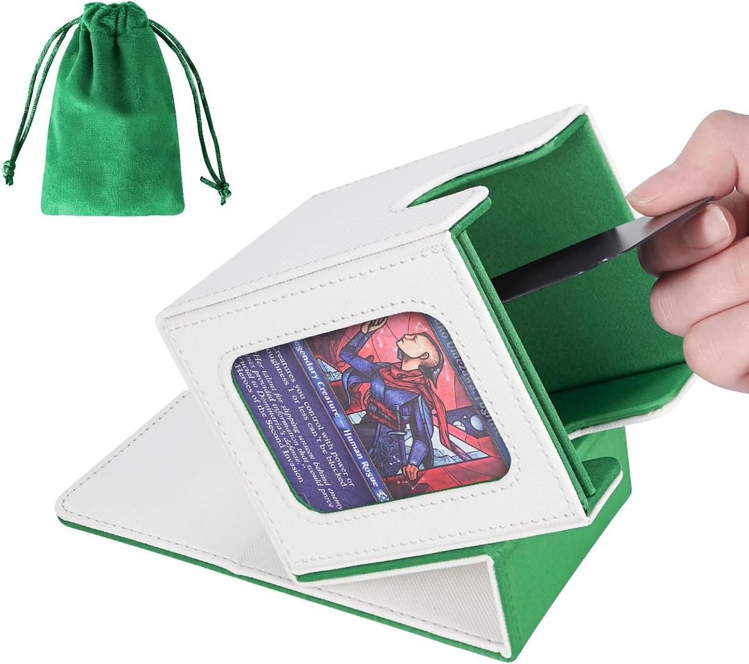 AFIING MTG Deck Box for Commander Display,Card Deck case Fits 100 Double Sleeved Cards, Magic Commander TCG Card Storage Box with 2 Dividers,Dice Bag and 1 Toploader(Whtie Green)