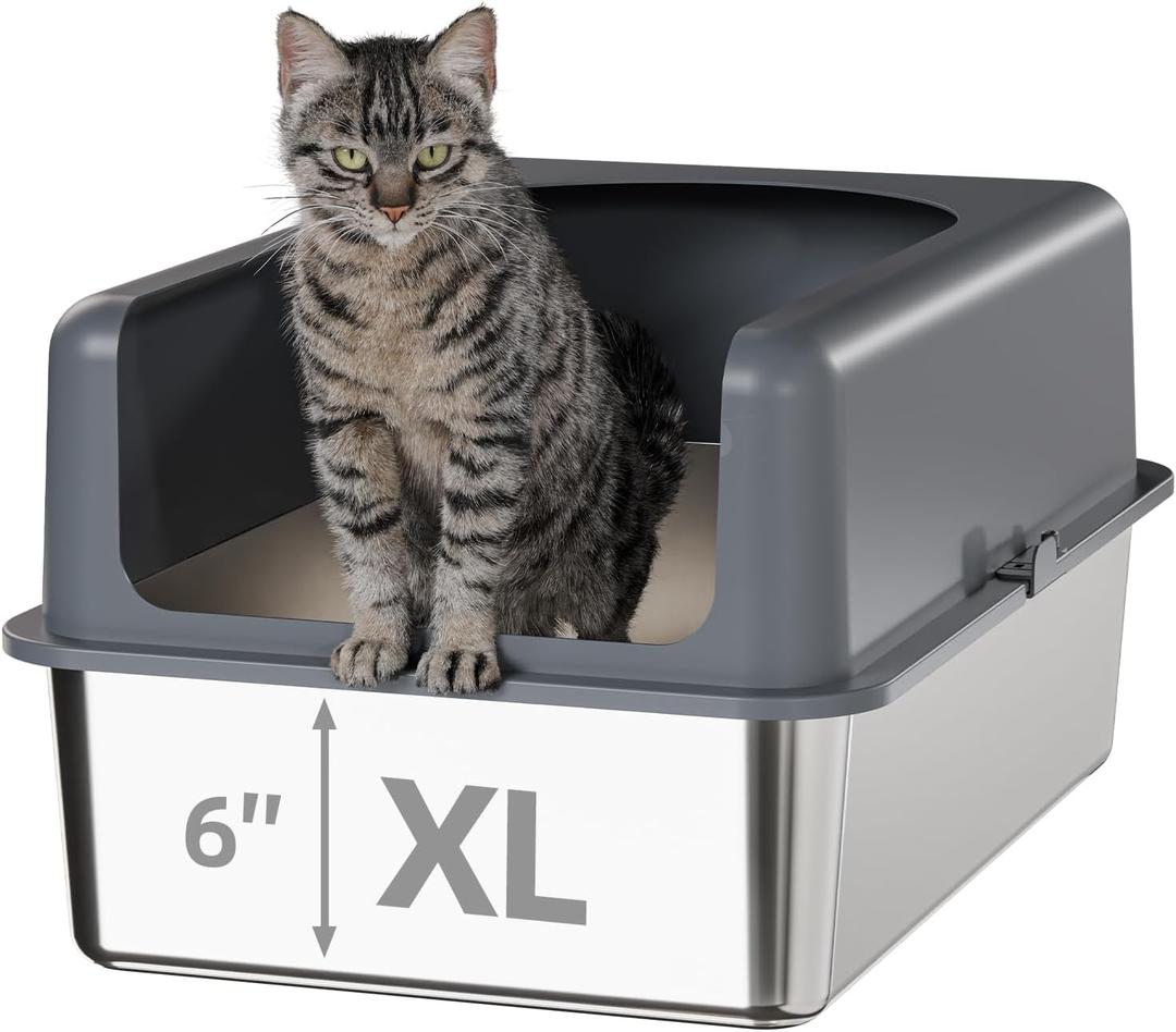 High-Sided Stainless Steel Cat Litter Box,Stainless Steel Litter Box with Lid,Extra Large Litter Box,Easy-to-Clean Metal Litter Pan for Cats (24''L X 16''W X 12''H with Enclosure)