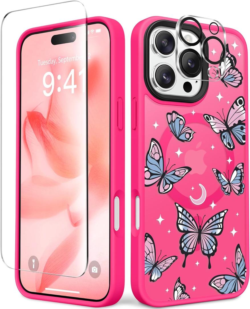 4 x GVIEWIN Magnetic for iPhone 16 Pro Max Case Compatible with Magsafe, [Screen & Camera Lens Protector] Fashion Pattern Translucent Shockproof Phone Cover for 16 Pro Max 6.9" (Starry Butterfly/Rosy)