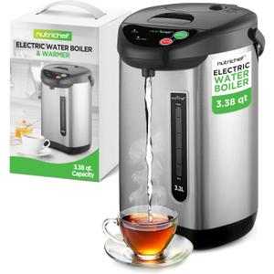 NutriChef Hot Water Urn Pot Insulated Stainless Steel,Auto & Manual Dispense,Auto Boiler,Safety Lock Shutoff 3.38 QT /3.2L - Auto Boiler Shut Off - PKWK43