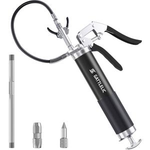 Grease Gun Kit, 8000 PSI Heavy Duty Grease Gun with Grease Coupler, 14oz Pistol Grip Grease Gun with 12 Inch Spring Flex Hose, Sharp Nozzle, Extension Rigid Pipe, Black