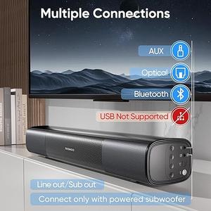 RIOWOIS Sound Bar for Smart TV, Bass Boost and Crisp Vocals,Bluetooth Soundbar for TV/PC/Gaming/Projectors,Optical/AUX/Wall Mount,17inch