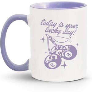 Trendy Purple Cherry Coffee Mug Gifts for Women Girls, Retro Magic 8 Ball Ceramic Coffee Mug, Preppy Coffee and Tea Mug, 11oz Ceramic Cup Purple