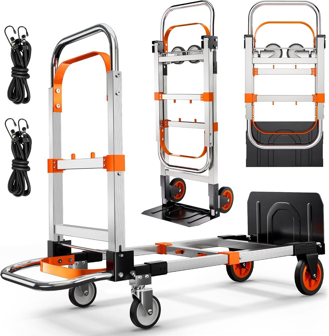 3 in 1 Folding Hand Truck Dolly Cart with Wheels Foldable Utility Cart Aluminum Trolley Cart 600lbs Capacity Convertible Dolly for Moving Furniture Shopping for Garden Home Office Warehouse