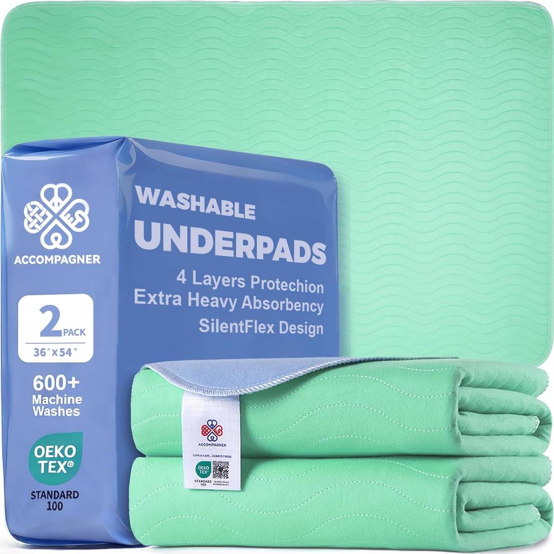 Accompagner Incontinence Bed Pads Washable Waterproof, Ultra-Absorbent Reusable Underpads for Diaper Changing, Nursing, Bedridden, Adults, Seniors, Kids and Dogs (Green, 36"x54"(Pack of 2))