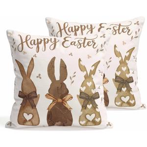 Easter Decorative Throw Pillow Covers 18x18 Set of 2 Bunny Spring Square Pillow Covers for Couch Happy Easter Rabbit Leaves Cushion Cases for Living Room Bedroom Bed Car Chair