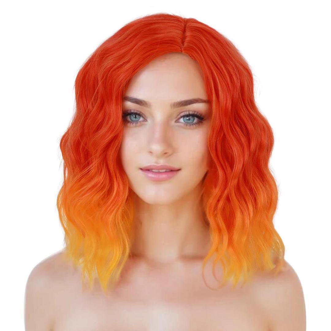 Orange Wigs for Women Flame Fire Color Side Part Curly Bob Wig Heat Resistant Synthetic Halloween Costume Cosplay Party Wigs (Ombre Orange)
