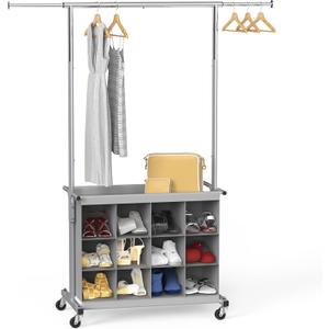 Simple Houseware Garment Rack with Extensible Haning Rod and 16 Shoes Organizer, Grey